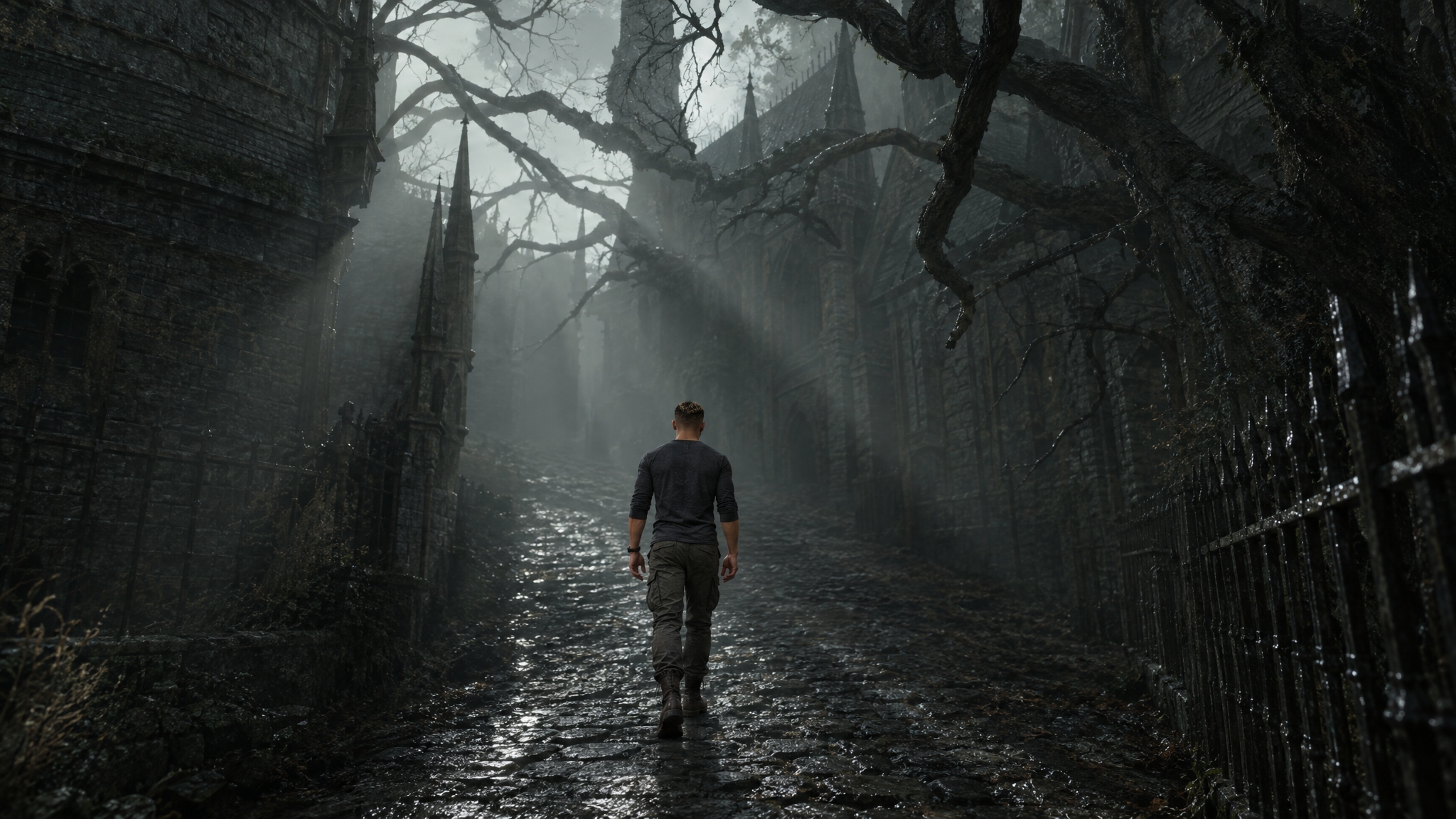 The Wanderer walking an uphill street of the dark city